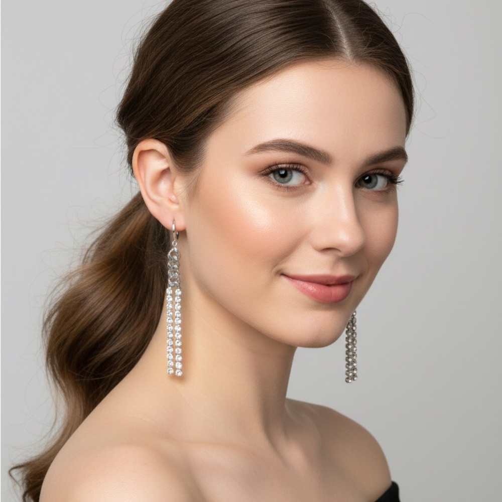 Silver dangle earrings Cuban chain with cubic zirconia